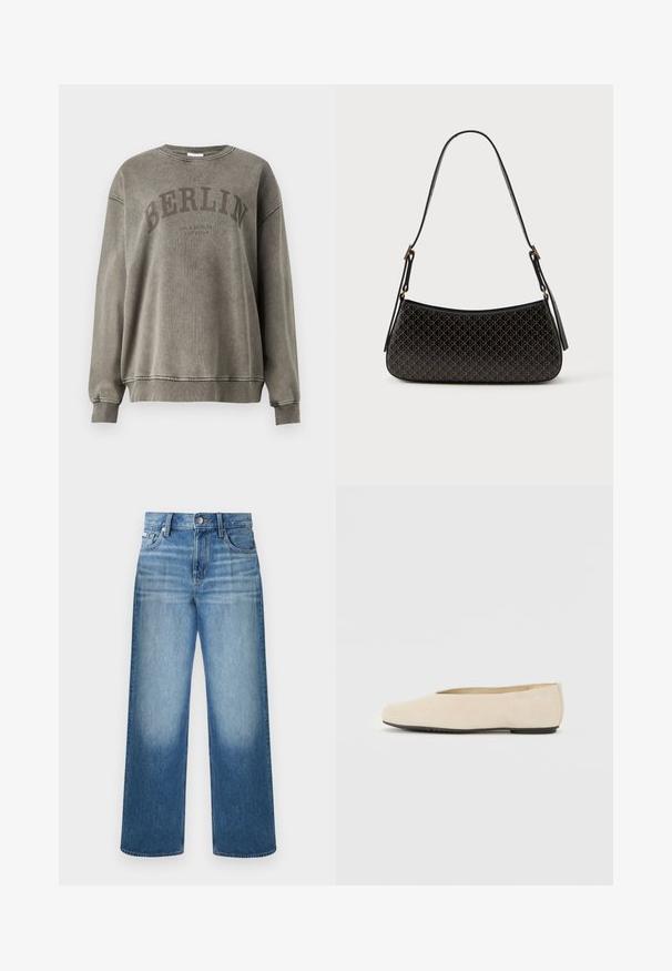 Sweatshirt en coton gris avec col rond, épaules tombantes et poignets côtelés. Présente "BERLIN" en grandes lettres foncées et une texture subtile.; Jean denim bleu à jambes droites avec fermeture à boutons et glissière, design à cinq poches et délavage sur les cuisses et les genoux.; Ballerine en daim beige avec un bout arrondi, semelle plate et design minimaliste. Texture lisse et sans matériel ou ornements visibles.; Sac à main noir à motif géométrique avec une forme incurvée, une texture lisse et une longue sangle réglable ; présente des accents en métal doré.