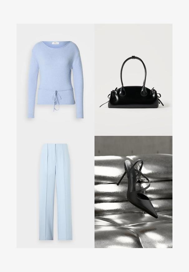 Pull bleu clair à manches longues en tissu doux avec un large col et une taille à cordon pour un ajustement réglable. Texture lisse.; Pantalon large taille haute bleu clair avec plis devant et fermeture à glissière cachée sur un fond uni.; Escarpin noir à bout pointu et talon stiletto avec brides croisées reposant sur une surface en cuir argenté capitonné et brillant.; Petit sac à main noir brillant avec deux longues anses et des détails à cordon sur les côtés sur un fond clair uni.