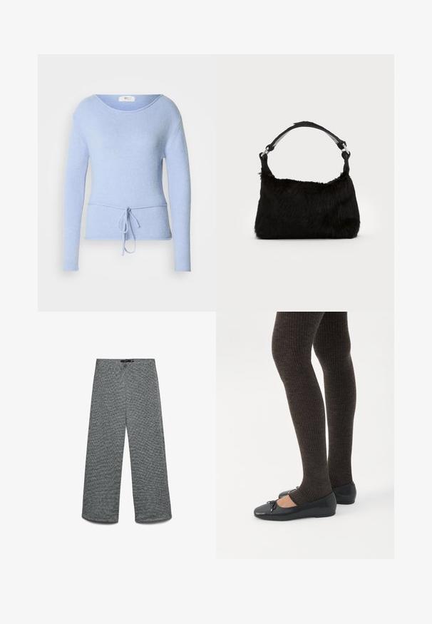 Pull bleu clair à manches longues en tissu doux avec un large col et une taille à cordon pour un ajustement réglable. Texture lisse.; Pantalon à jambes larges en tissu tricoté gris texturé. Doté d'une taille haute et de jambes droites, offrant une coupe décontractée.; Jambes portant des leggings côtelés foncés associés à des ballerines noires avec de petits détails en nœud sur fond blanc.; Sac à main en fausse fourrure noire avec une texture douce, une forme arrondie et une bandoulière en cuir noir robuste. Accent en métal argenté visible.