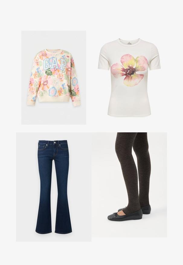 Sweat-shirt crème à motif floral coloré, grandes lettres bleues '"GAP"' sur la poitrine, manches longues et poignets et ourlet côtelés.; T-shirt blanc à manches courtes avec une grande fleur dans un style aquarelle en tons rose, jaune et marron, centrée sur le devant.; Jean flare bleu foncé avec cinq poches, fermeture à boutons et coutures orange visibles sur fond blanc.; Jambes portant des leggings côtelés foncés associés à des ballerines noires avec de petits détails en nœud sur fond blanc.