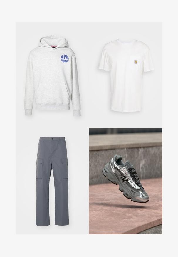 Svetlošedá mikina s kapucňou vyrobená z mäkkého materiálu. Obsahuje predné vrecko a modré logo "ALPHA INDUSTRIES" na hornej ľavej strane.; Biele bavlnené tričko s krátkymi rukávmi, vreckom na hrudi a malou štvorcovou nášivkou v oranžovej a bielej farbe na vrecku.; Šedé cargo nohavice vyrobené z odolnej tkaniny. Medzi vlastnosti patrí elastický pás, dve veľké bočné vrecká a strih s rovnými nohavicami.; Šedá a strieborná teniska New Balance označená „1000“ vznášajúca sa nad ružovkastým kamenným povrchom s pozadím zo šedej kamennej steny.