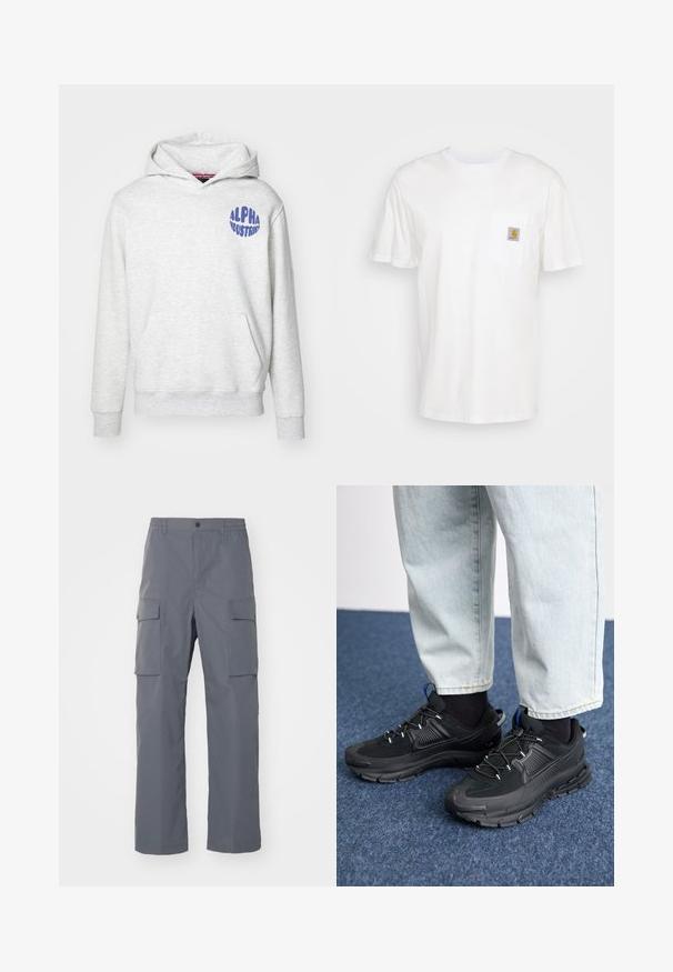 Svetlošedá mikina s kapucňou vyrobená z mäkkého materiálu. Obsahuje predné vrecko a modré logo "ALPHA INDUSTRIES" na hornej ľavej strane.; Biele bavlnené tričko s krátkymi rukávmi, vreckom na hrudi a malou štvorcovou nášivkou v oranžovej a bielej farbe na vrecku.; Šedé cargo nohavice vyrobené z odolnej tkaniny. Medzi vlastnosti patrí elastický pás, dve veľké bočné vrecká a strih s rovnými nohavicami.; Čierne športové topánky s textúrovanou tkaninou a gumovou podrážkou, so elastickými šnúrkami a modrým akcentom na päte. Nosia sa s svetlými riflami.