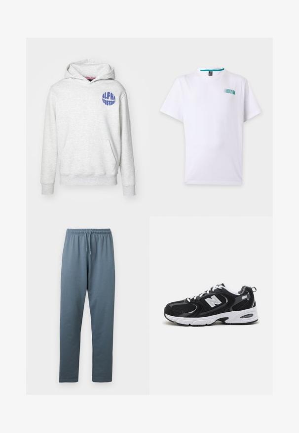 Heled hall sweatshirt, mis on valmistatud pehmest materjalist. Omab es frontend kotti ja sinist "ALPHA INDUSTRIES" logo vasakul ülemisel küljel.; Valge lühikeste varrukatega T-särk, millel on vasakul rinnal väike türkiissinine The North Face logo ja ümar kaelus.; Sinakas hallid elastse taljega dressipüksid reguleeritava nööriga ja sirgete säärtega, valgel taustal.; Must värvi ja hallid spordijalatsid, mille ülemine osa on valmistatud võrgust ja nahast, valge vaheosaga, paeltega ja küljel julge "N" logo.