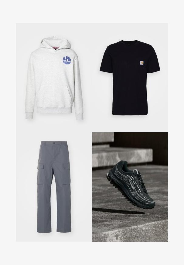 Heled hall sweatshirt, mis on valmistatud pehmest materjalist. Omab es frontend kotti ja sinist "ALPHA INDUSTRIES" logo vasakul ülemisel küljel.; Must värvi puuvillane T-särk lühikeste varrukatega, ümmargune kaelus ja rindkere tasku, millel on väike ruudukujuline logotempel. Lihtne ja ühesooline disain.; Hallid hallid cargo püksid, mis on valmistatud vastupidavast kangast. Omadusteks on elastne vöökoht, kaks suurt külgetaskut ja sirge lõige.; Must ja hall Nike Air Max toss hõljumas hallide betoonastmete kohal, mille taustal on tekstuuriga pinnas.