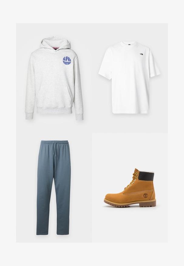 Heled hall sweatshirt, mis on valmistatud pehmest materjalist. Omab es frontend kotti ja sinist "ALPHA INDUSTRIES" logo vasakul ülemisel küljel.; Valge puuvillane lühikeste varrukatega t-särk, V-kaelusega disainiga, millel on väike must logo ülaosa vasakul küljel. Pehme tekstuur, lõdvestunud istuvus.; Sinakas hallid elastse taljega dressipüksid reguleeritava nööriga ja sirgete säärtega, valgel taustal.; Pruun nahast pahkluu saabas metallist silmadega, valge karvane vooder, must pehmendatud krae, robustne tallal ja küljes reljeefne logo.