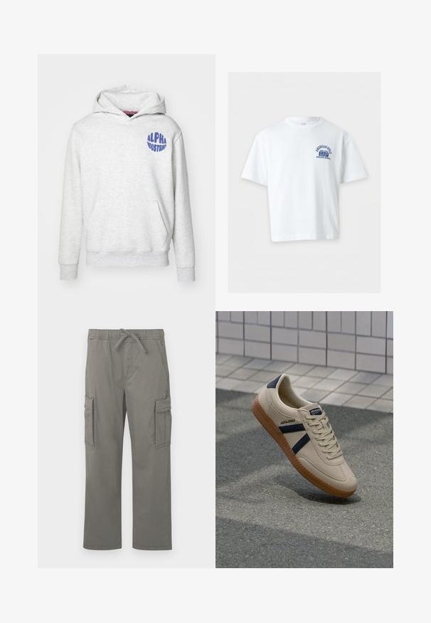 Svetlošedá mikina s kapucňou vyrobená z mäkkého materiálu. Obsahuje predné vrecko a modré logo "ALPHA INDUSTRIES" na hornej ľavej strane.; Biele GAP tričko s krátkym rukávom s modrým textom "American Style New York GAP Athletic Sports" na ľavej strane hrude, zobrazené na jednofarebnom pozadí.; Sivé rovné nohavice s cargo strihom a elastickým pásom, so šnúrkou na stiahnutie, bočnými vreckami na klopu a prednými vreckami v šve, zobrazené na bielom pozadí.; Béžové tenisky s textúrovaným povrchom, námorníckymi pruhmi a gumovou podrážkou. Obsahujú polstrovaný jazyk a tradičný šnurovací systém pre bezpečné prispôsobenie.