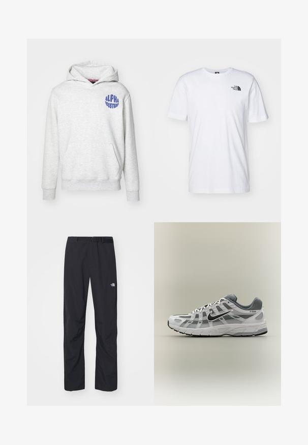 Sudadera gris claro hecha de material suave. Cuenta con un bolsillo delantero y un logo azul de "ALPHA INDUSTRIES" en la parte superior izquierda.; Camiseta de algodón blanca con un logo negro de The North Face en el lado superior izquierdo del pecho. Diseño de manga corta y cuello redondo.; The North Face ABUKUMA PANT - Pantalones - black; Zapatilla Nike P-6000 blanca y gris con swoosh negro, paneles de malla y suela texturizada, mostrada de perfil sobre un fondo neutro.