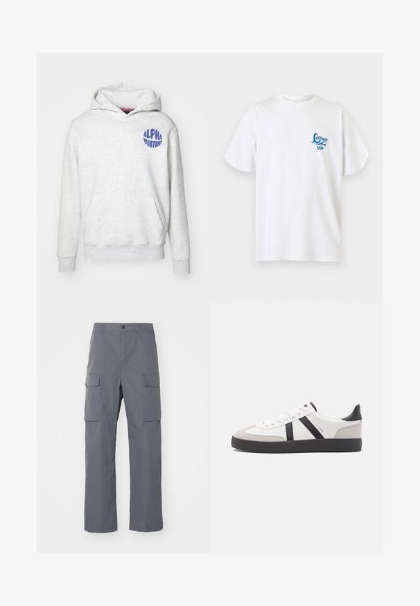 Sudadera gris claro hecha de material suave. Cuenta con un bolsillo delantero y un logo azul de "ALPHA INDUSTRIES" en la parte superior izquierda.; Camiseta blanca de manga corta con cuello redondo, con un pequeño logo azul de "Carhartt WIP" con diseño de ola en el pecho izquierdo.; Pantalones cargo grises hechos de una tela duradera. Las características incluyen una cinturilla elástica, dos grandes bolsillos laterales y un corte recto.; Zapatilla blanca con acentos en negro y gris, que presenta una puntera texturizada en gris, suela de goma negra y cordones planos blancos. Diseño limpio, estilo minimalista.