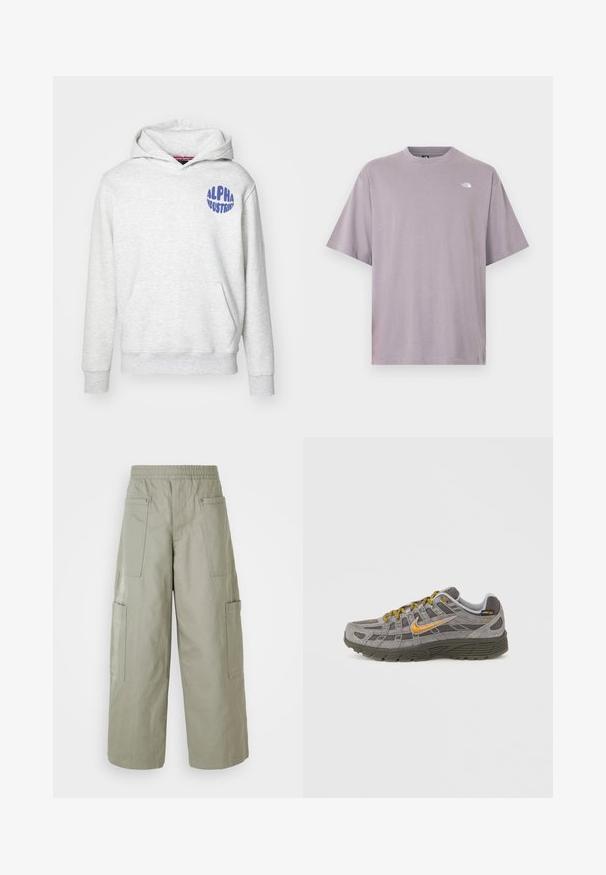 Heled hall sweatshirt, mis on valmistatud pehmest materjalist. Omab es frontend kotti ja sinist "ALPHA INDUSTRIES" logo vasakul ülemisel küljel.; Lühikeste varrukatega, ümar-kaelusega T-särk helesinisest puuvillast, vasakul ülakehal väike valge logo. Sile tekstuur, lõdvestunud istuvus.; Laiad, oliivrohelised cargo-püksid elastse vöökohtadega, mitme tasku ja sileda tekstuuriga. Kokkuklapitav laius allääris.; Hallid seemisnahast tossud kuldsete detailide, tekstuuriga paneelide ja sobivate paeltega. Omavad pehmendusega tallaga ja külje peal logodega detaile.