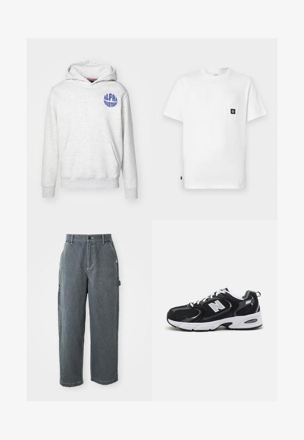 Svetlošedá mikina s kapucňou vyrobená z mäkkého materiálu. Obsahuje predné vrecko a modré logo "ALPHA INDUSTRIES" na hornej ľavej strane.; Biele bavlnené tričko s okrúhlym výstrihom, krátkymi rukávmi a náprsným vreckom s čiernou logovou nášivkou. Hladká textúra, uvoľnený strih.; Tmavošedé nohavice s rovnými nohavicami na prácu, s pútkami na opasok, predným gombíkom a zipsom, bočnými vreckami a háčikom na kladivo na pravej nohe.; Čierne a šedé športové topánky s hornou časťou z mikrovlákna a zamatu, s bielou medzipodrážkou, šnúrkami a výrazným logom "N" na boku.