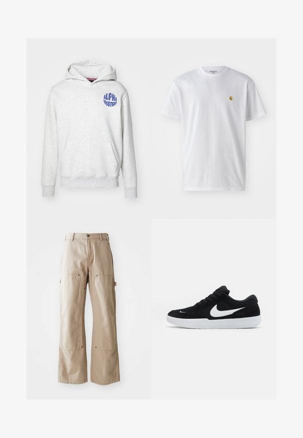 Lys grå hættetrøje lavet af blødt materiale. Har en forlomme og et blåt "ALPHA INDUSTRIES" logo på den øverste venstre side.; Hvid bomulds t-shirt med korte ærmer, rund hals og et lille guld logo på venstre brystområde. Blød tekstur og almindelig pasform.; Beige vide bukser lavet af slidstærkt bomuldsstof. Har for- og sidelommer, synlig syning og metaldetaljer ved lommerne.; Sorte ruskindssneakers med hvide accenter, der har en rund tå, tyk hvid sål og sorte snørebånd. Fremtrædende hvidt Nike-logo på siden.