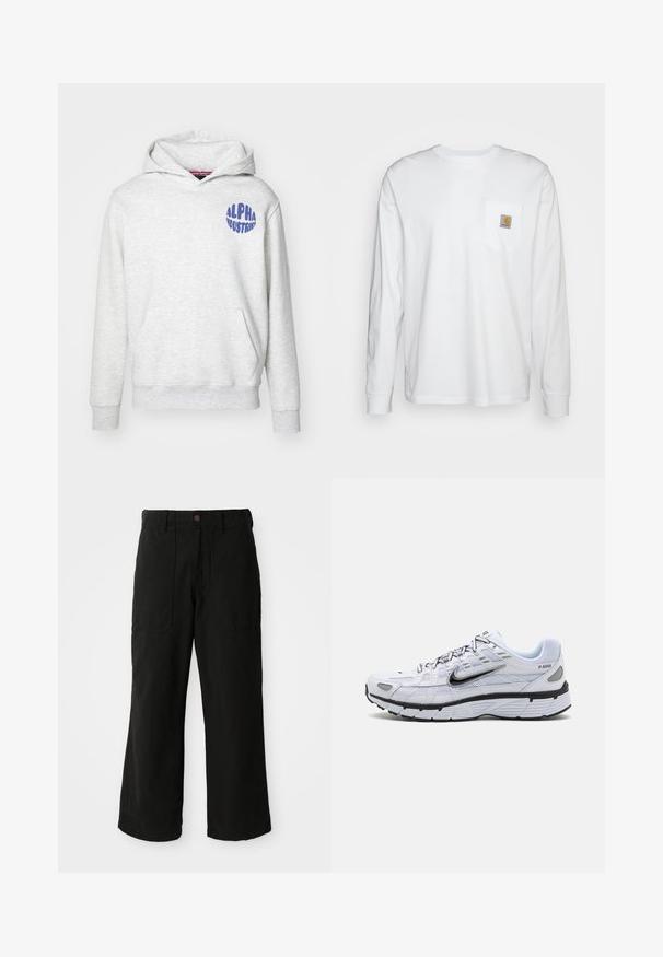 Svetlošedá mikina s kapucňou vyrobená z mäkkého materiálu. Obsahuje predné vrecko a modré logo "ALPHA INDUSTRIES" na hornej ľavej strane.; Biela košeľa s dlhým rukávom vyrobená z bavlny, s náprsné vrecko a štvorcovou nášivkou loga. Jednoduchý dizajn s okrúhlym výstrihom a manžetami.; Čierne nohavice s širokými nohavicami vyrobené z mäkkej látky, s prednými vreckami a zapínaním na gombík v páse. Minimalistický dizajn bez viditeľných vzorov.; Biele bežecké topánky s textilným zvrškom, zaoblenou špičkou, čiernymi akcentmi a vzorovanou podrážkou. Obsahujú šnurovanie a značku na boku.