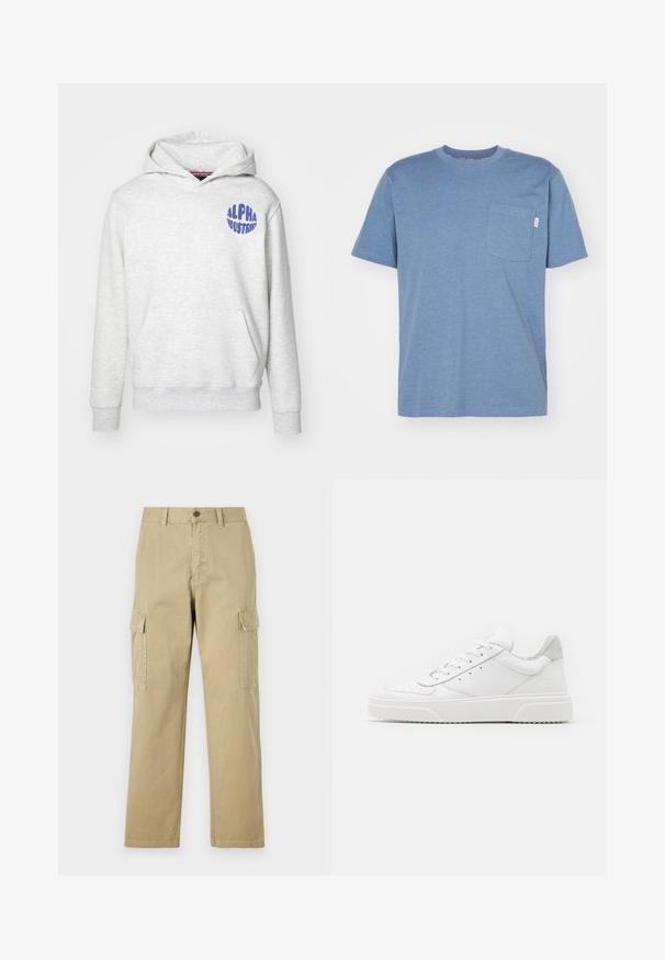 Svetlošedá mikina s kapucňou vyrobená z mäkkého materiálu. Obsahuje predné vrecko a modré logo "ALPHA INDUSTRIES" na hornej ľavej strane.; Modrá tričko s krátkym rukávom vyrobené z mäkkého materiálu, s vreckom na hrudi a klasickým okrúhlym výstrihom. Jednoduchý dizajn bez ďalších vzorov.; Bežové cargo nohavice vyrobené z bavlny, s dvoma bočnými vreckami, zapínaním na gombík a rovným strihom s mierne textúrovanou tkaninou.; Biele kožené tenisky s hladkým povrchom, zaoblenou špičkou, plochými šnúrkami a textúrovanou podrážkou. Sivý semišový akcent na päte.