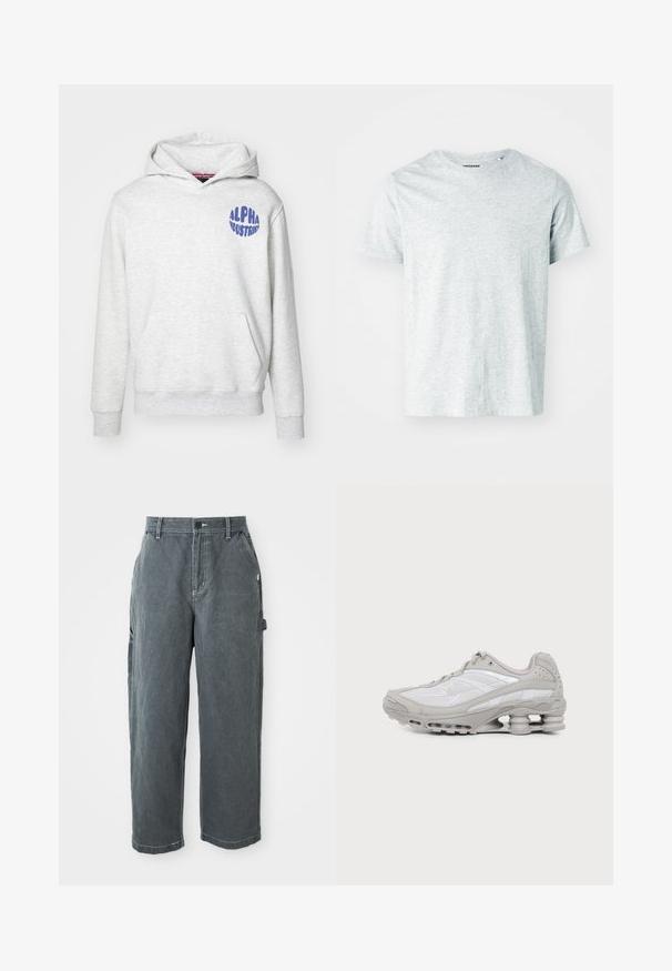 Lys grå hættetrøje lavet af blødt materiale. Har en forlomme og et blåt "ALPHA INDUSTRIES" logo på den øverste venstre side.; Lys grå, kortærmet t-shirt lavet af blødt stof, med en rund hals og en let afslappet pasform. Ingen synlige mønstre eller grafik.; Mørkegrå lige ben arbejdsbukser med bæltestropper, frontknap og lynlås, sidelommer og en hammerløkke på højre ben.; Grå og hvid atletiksko med synlig luftpolstret sål og mesh-paneler, vist i profil på en ensartet lys baggrund.
