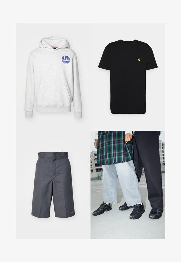 Svetlošedá mikina s kapucňou vyrobená z mäkkého materiálu. Obsahuje predné vrecko a modré logo "ALPHA INDUSTRIES" na hornej ľavej strane.; Čierne bavlnené tričko s krátkymi rukávmi, okrúhlym výstrihom a malým žltým logom na ľavej strane hrude. Jednoduchý dizajn a bežný strih.; Šedé šortky vyrobené z odolnej tkaniny, s rovnými nohavicami, dvoma bočnými vreckami a malým logom na zadnom vrecku.; Čierne športové topánky s sieťovinou a gumovými akcentmi. Nosené s svetlošedými širokými džínsami a kockovaným zeleným topom. Pozadie s plochým povrchom.