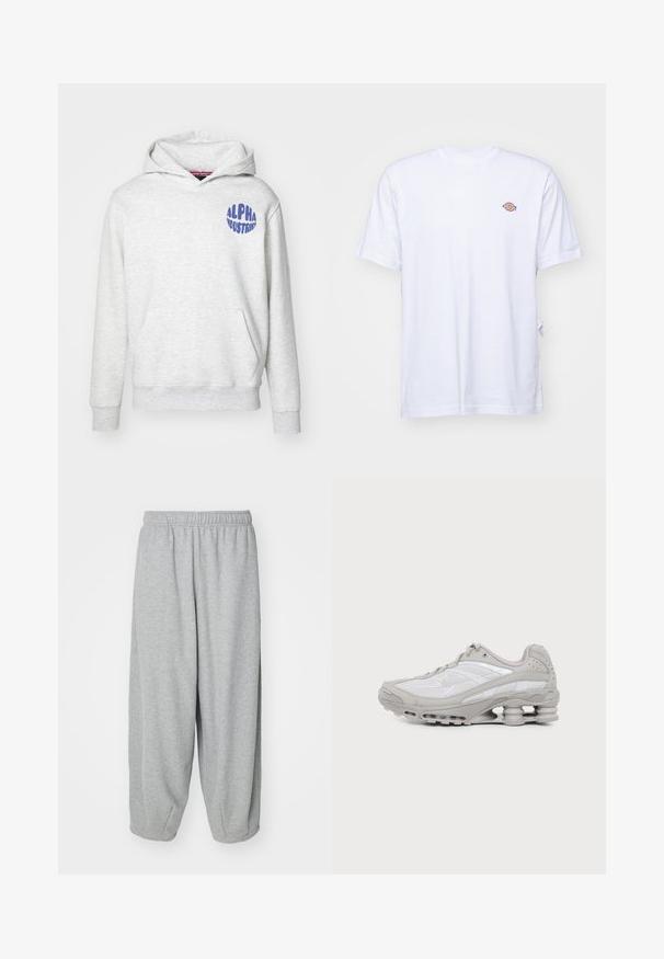 Heled hall sweatshirt, mis on valmistatud pehmest materjalist. Omab es frontend kotti ja sinist "ALPHA INDUSTRIES" logo vasakul ülemisel küljel.; Valge puuvillane T-särk, millel on V-kaelus ja lühikesed varrukad. Ees vasakul rinnal on väike värvikas tikand. Pehme tekstuur.; Heledad hallid, lõdva istuvusega treeningpüksid, mis on valmistatud pehmest kangast. Elastsest materjalist vöökoht ja soonikud pahkluude juures. Lihtne ja kaunistusteta disain.; Hall-valge spordijalats nähtava õhkmadratsi ja võrgust detailidega, esitatud küljepildina lihtsal heledal taustal.