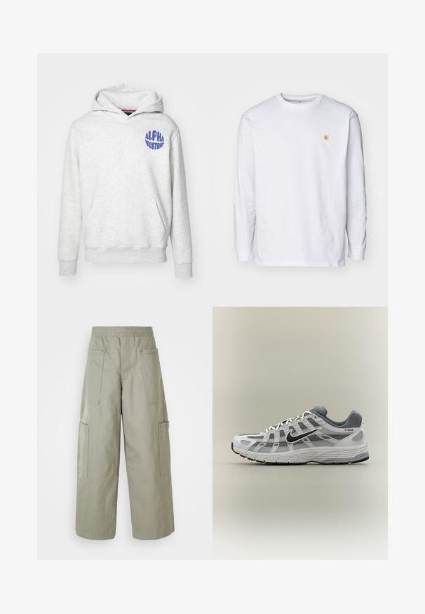Heled hall sweatshirt, mis on valmistatud pehmest materjalist. Omab es frontend kotti ja sinist "ALPHA INDUSTRIES" logo vasakul ülemisel küljel.; Valge pika varrukaga T-särk, mis on valmistatud puuvillast. Rinnal on väike kuldne logo ja ümar kaelus. Lihtne disain ja standardne lõige.; Laiad, oliivrohelised cargo-püksid elastse vöökohtadega, mitme tasku ja sileda tekstuuriga. Kokkuklapitav laius allääris.; Valge ja hall Nike P-6000 toss musta logoga, võrgust paneelide ja tekstuurse tallaga, esitatud külgvaates neutraalsel taustal.