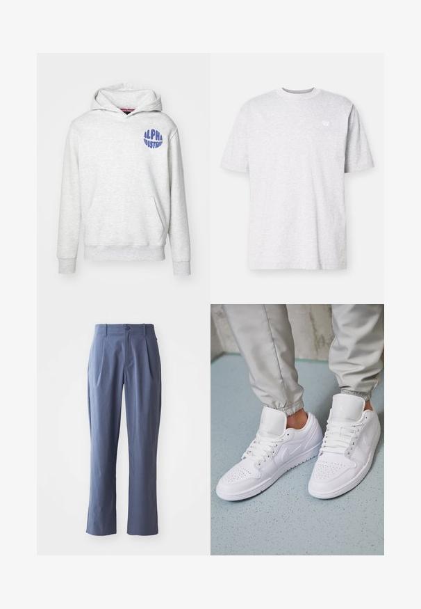 Svetlošedá mikina s kapucňou vyrobená z mäkkého materiálu. Obsahuje predné vrecko a modré logo "ALPHA INDUSTRIES" na hornej ľavej strane.; Svetlošedé bavlnené tričko s krátkymi rukávmi, okrúhlym výstrihom a malým bielym logom na ľavej hrudi. Mäkká textúra, voľný strih.; Námornícke modré nohavice s záhybmi, rovného strihu, vyrobené z ľahkého materiálu, s jedným predným gombíkom a pútkami na opasok.; Biele kožené tenisky majú perforovaný špičku, ploché šnúrky, polstrovaný golier a logo Jordana na jazyku. Nosia sa s šedými joggermi.