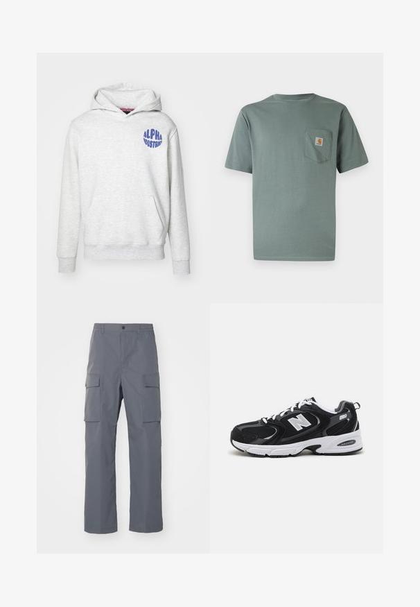 Svetlošedá mikina s kapucňou vyrobená z mäkkého materiálu. Obsahuje predné vrecko a modré logo "ALPHA INDUSTRIES" na hornej ľavej strane.; Svetlozelené tričko s krátkym rukávom z bavlny s náprsným vreckom, na ktorom je nášivka s logom. Mäkká textúra a klasický okrúhly výstrih.; Šedé cargo nohavice vyrobené z odolnej tkaniny. Medzi vlastnosti patrí elastický pás, dve veľké bočné vrecká a strih s rovnými nohavicami.; Čierne a šedé športové topánky s hornou časťou z mikrovlákna a zamatu, s bielou medzipodrážkou, šnúrkami a výrazným logom "N" na boku.