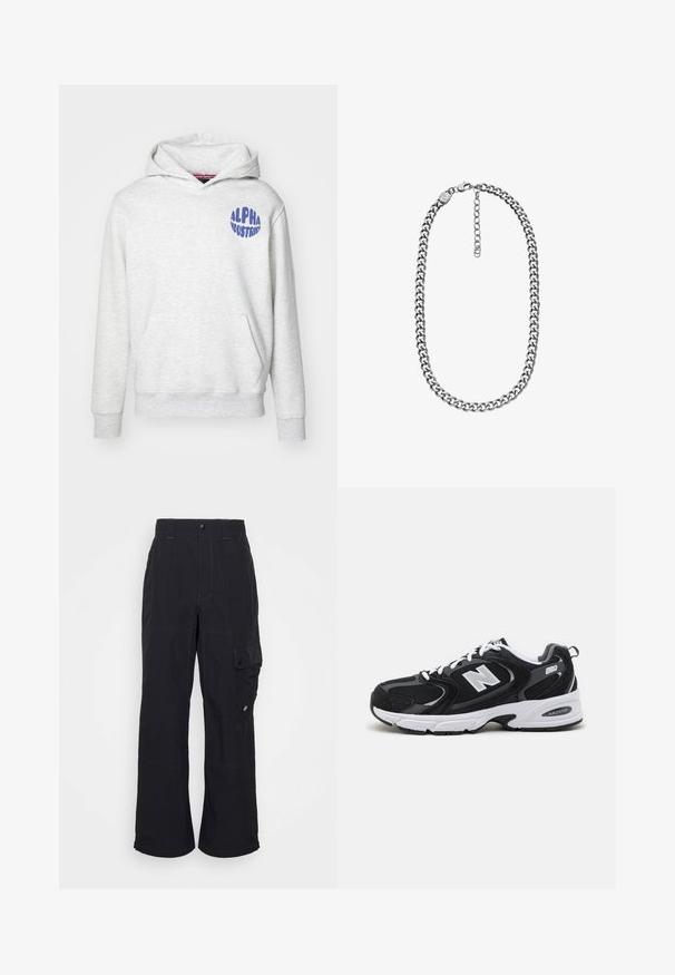 Heled hall sweatshirt, mis on valmistatud pehmest materjalist. Omab es frontend kotti ja sinist "ALPHA INDUSTRIES" logo vasakul ülemisel küljel.; Mustad mustadest kangast püksid, millel on laiad jalad, nähtavad õmblused ja küljekott, millel on nööbikinnitus.; Must värvi ja hallid spordijalatsid, mille ülemine osa on valmistatud võrgust ja nahast, valge vaheosaga, paeltega ja küljel julge "N" logo.; Hõbedase tooniga curb-kett kaelakee, millel on homaari lukk ja reguleeritav pikendusketi valge taustal.