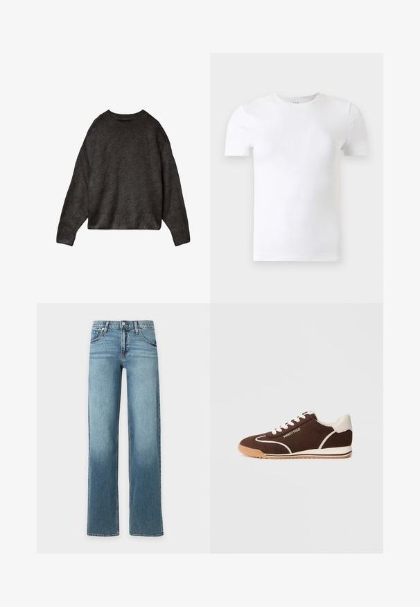 Mørkegrå sweater lavet af blødt stof, med rund hals, dropped skuldre og ribbet kant og manchetter. Enkelts design, ingen mønstre.; Hvid kortærmet T-shirt med rund hals vist mod en lysegrå baggrund.; Lyseblå denimjeans med lige ben, fem lommer, bæltestropper og knapgylp, vist mod en ensfarvet hvid baggrund.; Brune ruskinds sneakers med hvide accenter, rund tå og gummisål. Har snørebånd og logodetalje på siden. Struktureret finish.