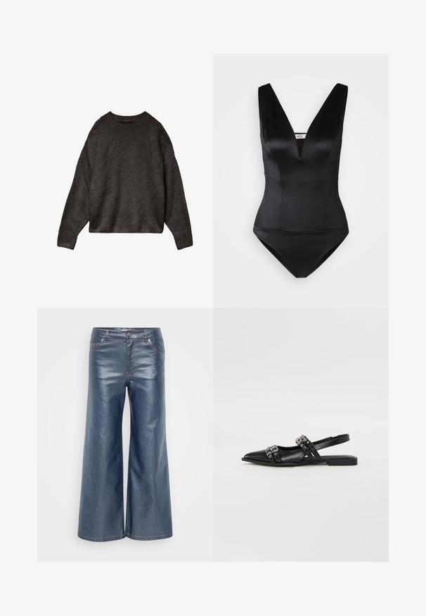 Mørkegrå sweater lavet af blødt stof, med rund hals, dropped skuldre og ribbet kant og manchetter. Enkelts design, ingen mønstre.; Sort one-piece svømmedragt med dyb V-hals, glat satinfinish og tætsiddende design. Ingen synlige mønstre eller dekorationer.; Bredde denimbukser i mørkeblå, med en glat tekstur, fem-lomme-design og kontrasterende syninger. Lukkes med knap og lynlås foran.; Even&Odd Slingback-ballerinasko - black