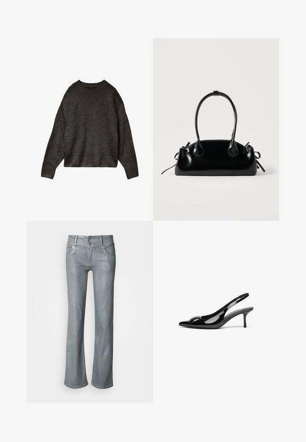 Mørkegrå sweater lavet af blødt stof, med rund hals, dropped skuldre og ribbet kant og manchetter. Enkelts design, ingen mønstre.; Grå denimjeans med en vidde i benene, der har to forlommer og dobbelt knaplukning i taljen. Glat tekstur og ren finish.; Sorte laklæder slingback hæle med spidse tæer og en blank finish. Har en slank hæl og en rund detalje ved vampen.; Lille sort blank håndtaske med to lange håndtag og snøre-detaljer i siden på en ensfarvet lys baggrund.