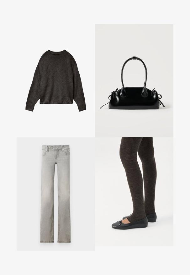 Mørkegrå sweater lavet af blødt stof, med rund hals, dropped skuldre og ribbet kant og manchetter. Enkelts design, ingen mønstre.; Lys grå jeans med lige ben-design, lavet af denim. Har to forlommer, en talje med to knapper og synlige syninger.; Ben iført mørke ribbede leggings kombineret med sorte balletsko med små sløjfedetaljer på hvid baggrund.; Lille sort blank håndtaske med to lange håndtag og snøre-detaljer i siden på en ensfarvet lys baggrund.