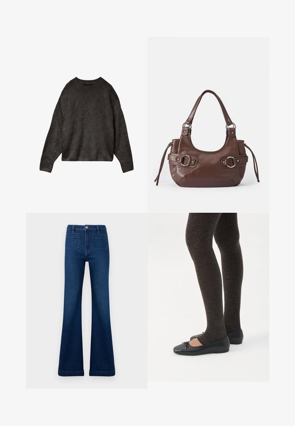 Mørkegrå sweater lavet af blødt stof, med rund hals, dropped skuldre og ribbet kant og manchetter. Enkelts design, ingen mønstre.; Mørkeblå flared jeans lavet af denim, med høj talje, to baglommer og kontrastsyninger langs sømmene.; Ben iført mørke ribbede leggings kombineret med sorte balletsko med små sløjfedetaljer på hvid baggrund.; Brun læderhåndtaske med rund form, sølvhardware, to sideskuldre og en glat tekstur. Har en enkelt toppen håndtag.