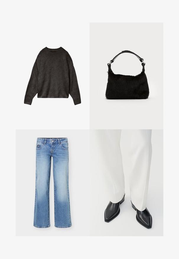 Pull bleu foncé, en tissu doux, avec un col rond, des épaules tombantes et un ourlet et des poignets côtelés. Design simple, sans motifs.; Jean en denim bleu clair avec une jambe légèrement évasée, style cinq poches, et une fermeture avant à boutons et zip.; Bottines noires à bout pointu en cuir lisse, avec des talons bas en bloc, associées à un pantalon large blanc. Design simple et moderne.; Sac à main en fausse fourrure noire avec une texture douce, une forme arrondie et une bandoulière en cuir noir robuste. Accent en métal argenté visible.