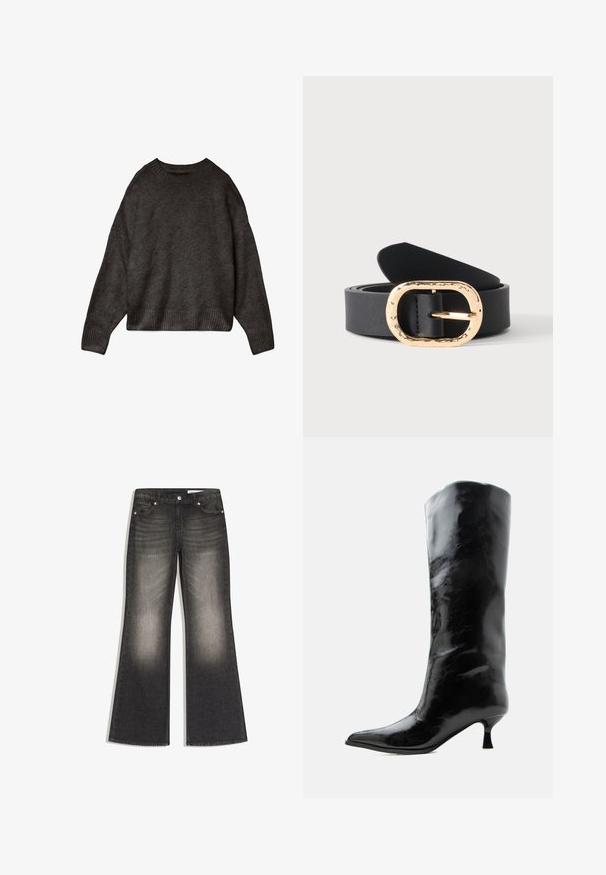 Mørkegrå sweater lavet af blødt stof, med rund hals, dropped skuldre og ribbet kant og manchetter. Enkelts design, ingen mønstre.; Sortvaskede flare jeans med forlommer, bæltestropper og knaplukning, lagt fladt på en hvid baggrund.; Sort skinnende knæhøj læderstøvle med spids tå og lav buet hæl på en ensfarvet lys baggrund.; Sort læderbælte rullet sammen med en stor tekstureret oval guldfarvet spænde mod en hvid baggrund.