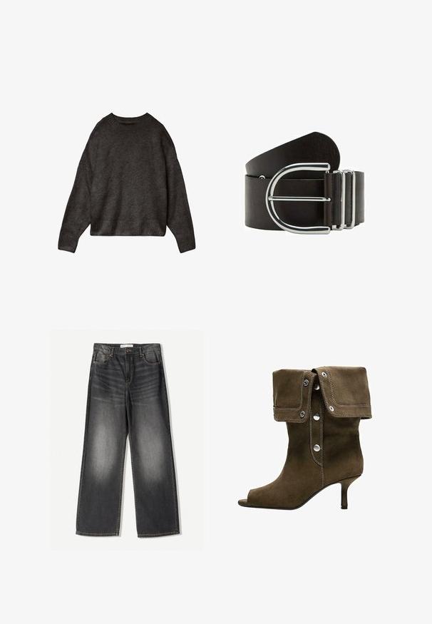 Mørkegrå sweater lavet af blødt stof, med rund hals, dropped skuldre og ribbet kant og manchetter. Enkelts design, ingen mønstre.; Mørkegrå brede jeans lavet af denim, med fem lommer, en frontlynlås og kontrastfarvet syninger langs sømmene.; Brun ruskindsstøvle til midt på læggen med opklappet kant, sølvfarvede trykknapper, åben tå og slank lille hæl.; Sort læderbælte med en stor sølv oval spænde og to sølv løkker, rullet sammen mod en hvid baggrund.
