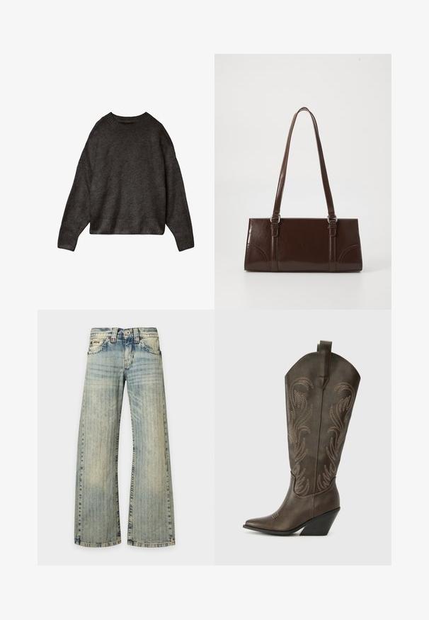 Mørkegrå sweater lavet af blødt stof, med rund hals, dropped skuldre og ribbet kant og manchetter. Enkelts design, ingen mønstre.; Lyseblå denimjeans med et falmet lodret stribemønster, forlommer, knaplukning og brede, lige ben.; Brune læder cowboystøvle med spids tå, kilehæl og dekorativ broderi. Har en høj stok og en trækflap.; Brun lakeret håndtaske med rektangulær form, to lange håndtag og subtile buede detaljer på fronten.