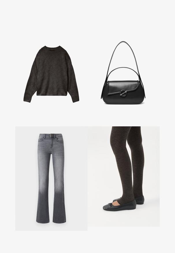 Mørkegrå sweater lavet af blødt stof, med rund hals, dropped skuldre og ribbet kant og manchetter. Enkelts design, ingen mønstre.; Højtaljede, brede jeans i mørkegråt denim med forlommer, knaplukning og subtilt falmede effekter mod kanten.; Ben iført mørke ribbede leggings kombineret med sorte balletsko med små sløjfedetaljer på hvid baggrund.; Sort skuldertaske i læder med en buet klap, der er fastgjort med en rund metal spænde, og en slank, justerbar rem.