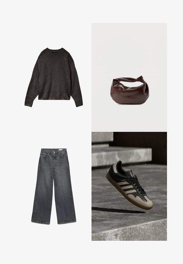 Mørkegrå sweater lavet af blødt stof, med rund hals, dropped skuldre og ribbet kant og manchetter. Enkelts design, ingen mønstre.; Bredde jeans lavet af mørkegrå denim. Funktioner fem lommer, bæltestropper og en knaplukning. Glat tekstur med svage slidte detaljer.; Sort og beige lædersneaker med tre hvide striber, tanfarvet gummisål og gyldent "Samba"-detalje på siden.; Mørkebrun læder skuldertaske med en blød, afslappet form og et snoet knudehåndtag på en ensartet hvid baggrund.