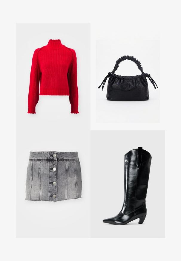 Vero Moda VMMARIE HIGHNECK - Pullover - salsa; Jupe en denim gris à taille haute, avec cinq boutons en argent, des coutures verticales et un ourlet brut. A une silhouette ajustée et une texture douce.; Bottes en cuir noir montantes jusqu'au genou, avec une pointe effilée, un talon bas, et des détails de couture décoratifs sur les côtés. Fini lisse et brillant.; Sac à main noir avec texture crocodile, bord supérieur froncé, poignée plissée et pompons à cordon de chaque côté sur fond blanc.