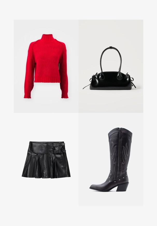 Vero Moda VMMARIE HIGHNECK - Πουλόβερ - salsa; Μαύρη δερμάτινη φούστα με πτυχώσεις, φαρδιά ζώνη μέσης και δύο αγκράφες στο πλάι. Λείο υφή με γυαλιστερή επιφάνεια.; Μαύρα δερμάτινα καουμπόικα μποτάκια με μυτερή μύτη, εμφανείς ραφές, ασημένιες τρούκ λεπτώσεις και φερμουάρ στο εσωτερικό μέρος.; Μικρή μαύρη γυαλιστερή τσάντα με δύο μακριές λαβές και λεπτομέρειες με ρυθμιζόμενο κορδόνι στο πλάι σε απλό ανοιχτό φόντο.