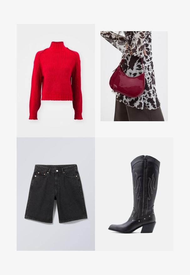 Vero Moda VMMARIE HIGHNECK - Pullover - salsa; Short en denim noir avec bouton à l'avant, passants pour ceinture et design à cinq poches, présenté sur un fond gris neutre.; Bottes de cow-boy en cuir noir avec bout pointu, coutures apparentes, ornements à clous argentés et fermeture éclair sur le côté intérieur.; Femme portant un chemisier à motif noir et blanc tenant un sac à main rouge brillant sur un fond uni.
