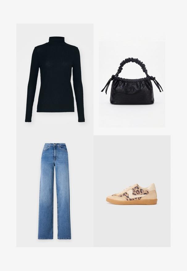 Haut noir à manches longues et col roulé en tissu côtelé, présentant un design ajusté et un col haut. Texture lisse avec un éclat subtil.; Jeans en denim bleu clair à jambes larges, dotés d'une taille haute, de poches avant et d'une fermeture à bouton standard. Texture lisse.; Baskets en imprimé léopard avec tige en suède beige, semelle en caoutchouc tan et accents blancs. Bout rond et design à lacets avec une finition texturée.; Sac à main noir avec texture crocodile, bord supérieur froncé, poignée plissée et pompons à cordon de chaque côté sur fond blanc.