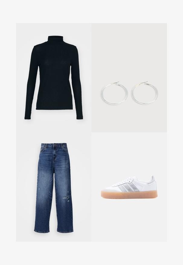 Sort, langærmet turtleneck-top lavet af ribbet stof, der har et tætsiddende design og høj hals. Glat tekstur med en subtil glans.; Bredde blå denim jeans med et slidt design, der har flosset kant og falmede sektioner, som giver en afslappet pasform og klassisk look.; Hvid lavtop-sneaker med gum-gummisål, sølvstribede sideaccents og snørelukning, vist mod en ensfarvet lys baggrund.; Par skinnende sølvøreringe med tynde trådlåse, vist på en lys grå baggrund.