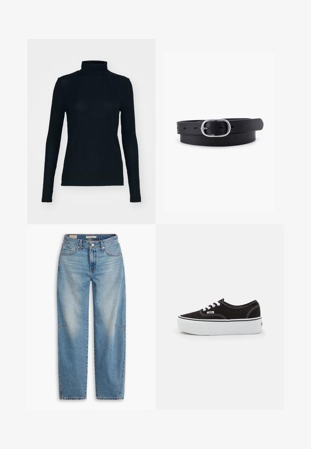 Haut noir à manches longues et col roulé en tissu côtelé, présentant un design ajusté et un col haut. Texture lisse avec un éclat subtil.; Jean en denim bleu clair avec une coupe ample, un design à jambes droites, une braguette boutonnée et un style à cinq poches, présentant un léger délavage et des détails de couture subtils.; Baskets en toile noires avec une semelle en caoutchouc blanc, dotées de lacets et de coutures blanches, marquage emblématique sur le côté, design basse.; Ceinture en cuir noir au toucher lisse, boucle en métal argenté de forme ovale et plusieurs trous d'ajustement le long de la sangle. Design plat et minimal.