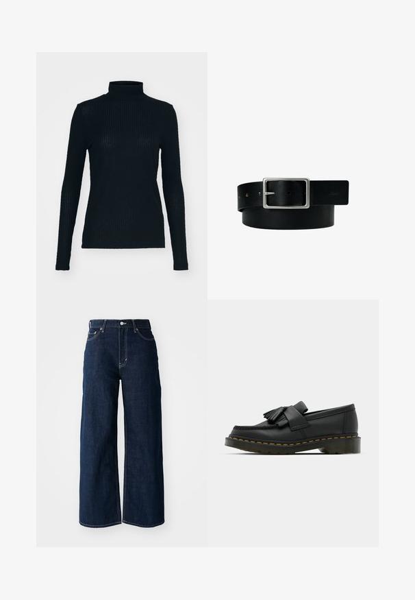 Haut noir à manches longues et col roulé en tissu côtelé, présentant un design ajusté et un col haut. Texture lisse avec un éclat subtil.; Jeans en denim bleu foncé à jambes larges avec des coutures contrastées, un design à cinq poches et une fermeture à bouton à la taille.; Mocassins en cuir noir avec un bout rond, présentant un détail à franges et une bande décorative à l'avant, montés sur un talon épais.; Ceinture en cuir noir avec boucle rectangulaire argentée et plusieurs trous de réglage, posée à plat sur fond blanc.