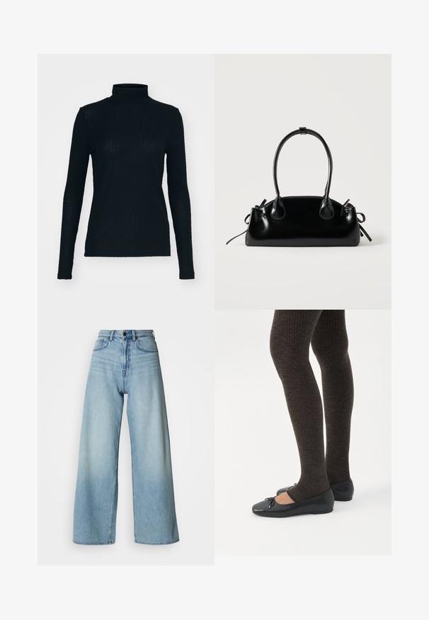 Sort, langærmet turtleneck-top lavet af ribbet stof, der har et tætsiddende design og høj hals. Glat tekstur med en subtil glans.; Lyseblå, højtaljede, vidtbenede jeans lavet af denim, med fem-lommers design og subtile falmede detaljer for tekstur.; Ben iført mørke ribbede leggings kombineret med sorte balletsko med små sløjfedetaljer på hvid baggrund.; Lille sort blank håndtaske med to lange håndtag og snøre-detaljer i siden på en ensfarvet lys baggrund.