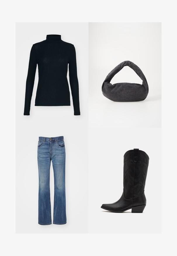 Haut noir à manches longues et col roulé en tissu côtelé, présentant un design ajusté et un col haut. Texture lisse avec un éclat subtil.; Jeans en denim bleu évasés avec un lavage moyen, dotés d'une taille haute, de passants de ceinture et de poches avant. Texture lisse avec un minimum d'usure.; Botte de cowboy en cuir noir avec un bout pointu, un talon bas empilé et un motif de feuilles embossé complexe sur la tige. Boucle en haut pour un enfilage facile.; Sac en tissu gris foncé avec une anse courbée, texture douce et forme arrondie. Pas de matériel ou d'embellissements visibles.
