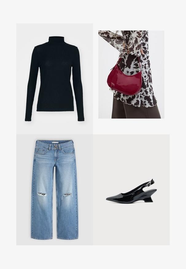 Zwarte, langmouwturtleneck gemaakt van ribbelstof, met een aansluitend ontwerp en hoge hals. Soepele textuur met een subtiele glans.; Lichtblauwe denim jeans met rechte pijpen, twee gescheurde details op de knieën, voorzakken en dubbele knoopsluiting.; Zwarte lakleren slingback schoen met spitse neus en lage schuine blokhak op een effen lichte achtergrond.; Vrouw met een zwart-wit gebloemde blouse houdt een glanzende rode schoudertas vast tegen een effen achtergrond.