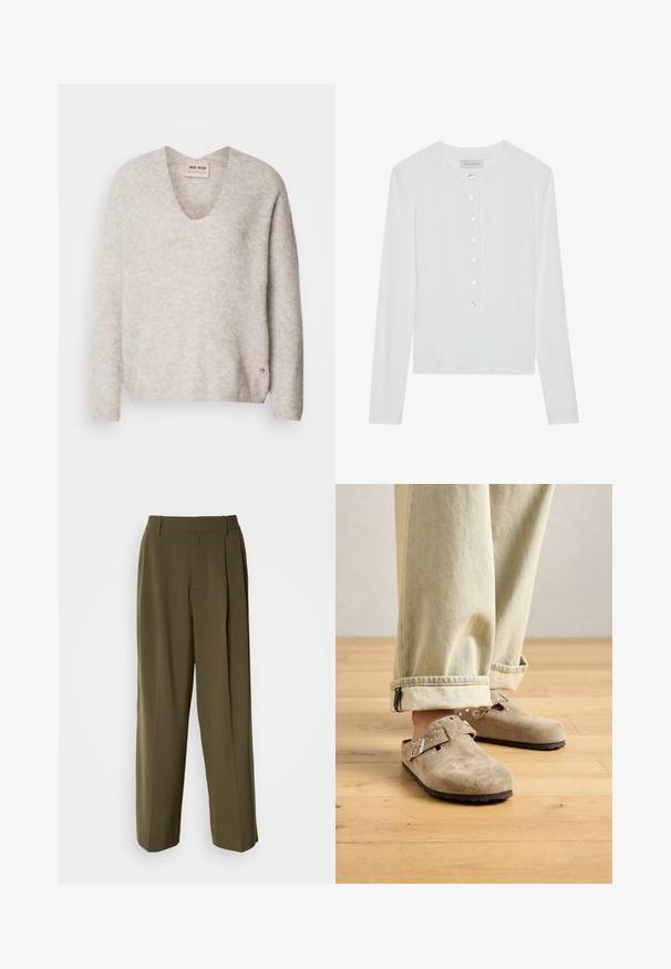 Suéter beige claro con cuello en V, mangas largas y una tela ligeramente texturada. Presenta un pequeño logo en el costado.; Top blanco de manga larga hecho de tela acanalada, con un cuello redondo y un cierre frontal abotonado con seis botones transparentes.; Pantalones de pierna ancha verde oliva, confeccionados con una tela suave, que cuentan con una cintura alta, pliegues en la parte delantera y bolsillos laterales para mayor funcionalidad.; Zuecos de ante color beige claro, sin cordones, con detalles de hebilla de metal y tachuelas, llevados con jeans de lavado claro remangados sobre un suelo de madera.