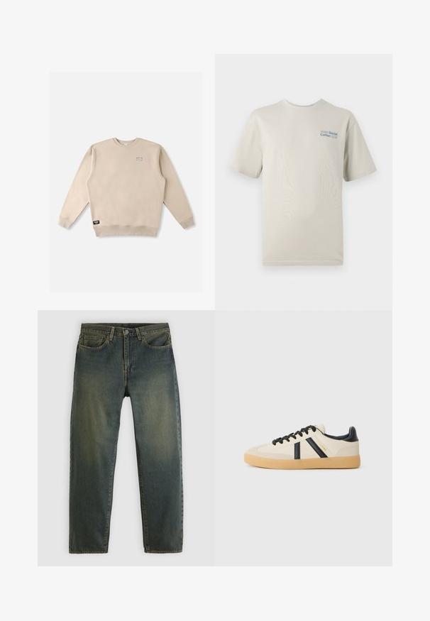 Sweat-shirt beige à col rond en tissu doux, avec un petit écusson logo sur la poitrine et une étiquette de marque sur l'ourlet inférieur.; T-shirt beige clair à manches courtes en coton doux, avec une impression de texte bleue "SOHO Social Coffee CLUB" sur la zone gauche de la poitrine.; Jean en denim vert foncé avec design à cinq poches, fermeture par bouton, et coupe droite, présenté sur un fond clair uni.; Baskets décontractées en crème avec des rayures noires, présentant un dessus texturé et une semelle en caoutchouc. Les lacets sont noirs. Logo discret sur le côté.
