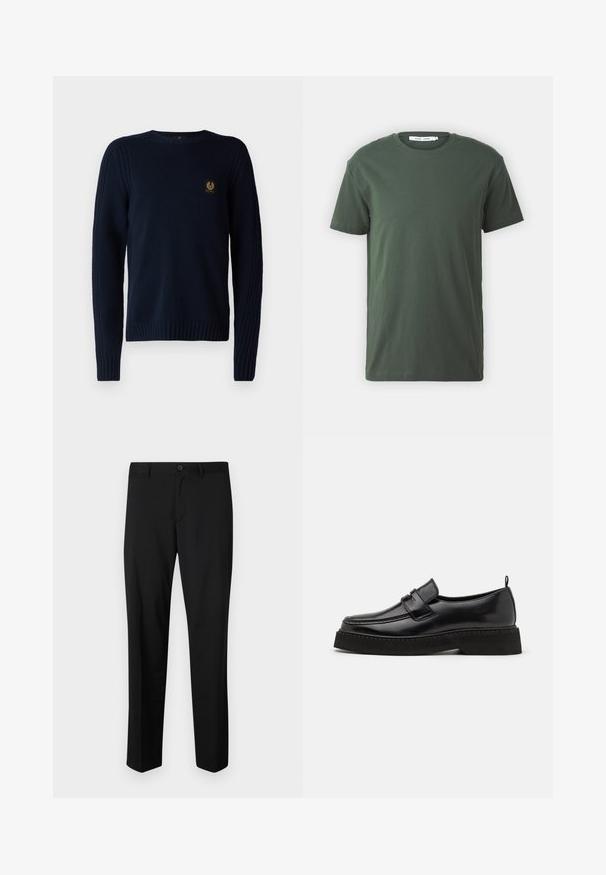 Belstaff WATCH CREWNECK JUMPER - Svetrík - dark ink; Tmavozelené bavlnené tričko, krátke rukávy, okrúhly výstrih, voľný strih, jednoduchý dizajn a hladká textúra bez viditeľných vzorov alebo akcentov.; Čierne elegantné nohavice s hladkým predným dielom, štandardným pásom a priamymi nohavicami. Vyrobené z hladkej tkaniny, s jedným gombíkom na zapínanie.; Čierne kožené mokasíny s plochou, textúrovanou podrážkou, so šitým prstom a popruhom cez priehlavok.