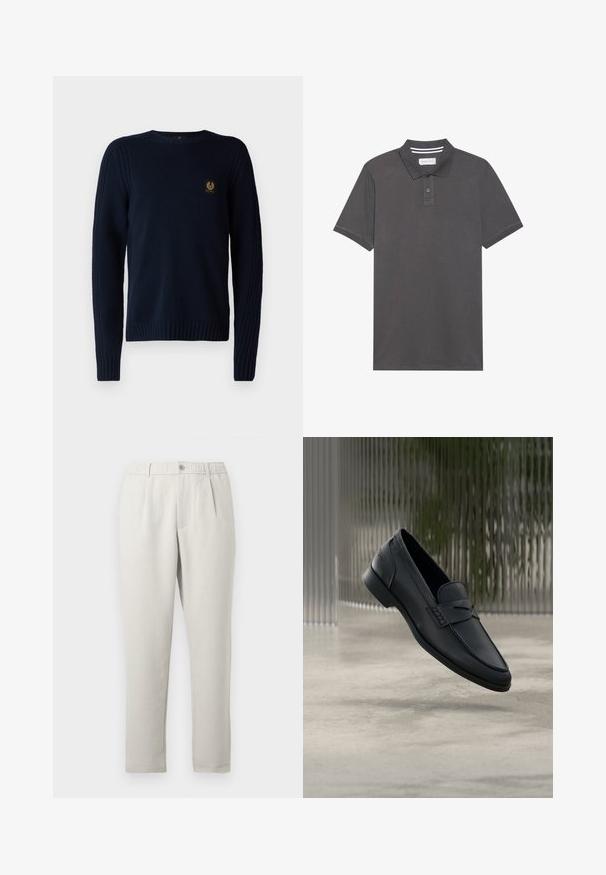Belstaff WATCH CREWNECK JUMPER - Svetrík - dark ink; Tmavosivý polo tričko vyrobené z bavlny, so golierom, trojbuttonovou légou a krátkymi rukávmi s jemnou textúrou.; Svetlo béžové nohavice vo voľnom strihu s jemným leskom, s elastickým pásom, prednými vreckami a zúženým dizajnom nohavíc.; Čierne kožené mokasíny s hladkým povrchom, špicatou špičkou a prešívaným detailom na priehlavku. Nízky podpätok a minimalistický dizajn.