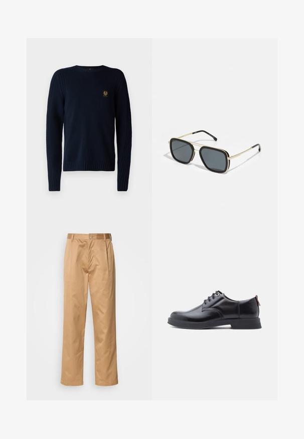 Belstaff WATCH CREWNECK JUMPER - Svetrík - dark ink; Khaki nohavice, z bavlneného zmesi, priamy strih, predné záhyby, pútka na opasok a gombíkový uzáver. Hladká textúra bez vzoru.; Čierne kožené šnurovacie topánky s hladkou textúrou, zaoblenou špičkou a jemnými švami. Na päte je červené sťahovacie očko.; Čierne a zlaté slnečné okuliare so štvorcovým tvarom, kovovým rámom, tmavošedými sklami a čiernymi koncovkami. Má dvojitý mostový dizajn.